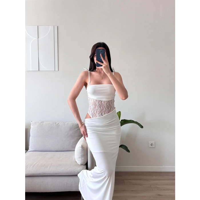 Güpür Korseli Maxi Elbise - BEYAZ