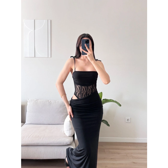 Güpür Korseli Maxi Elbise - SİYAH