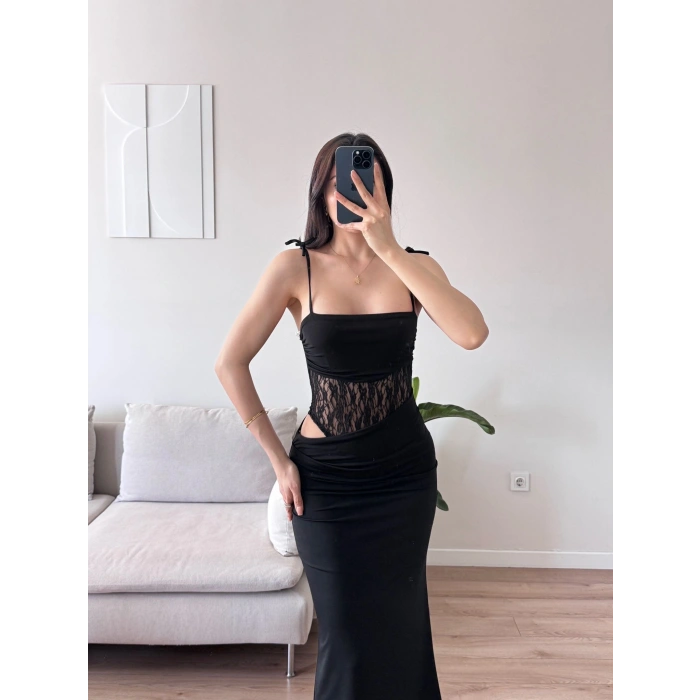 Güpür Korseli Maxi Elbise - SİYAH