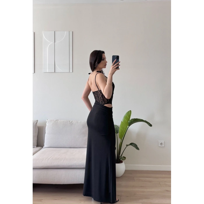 Güpür Korseli Maxi Elbise - SİYAH
