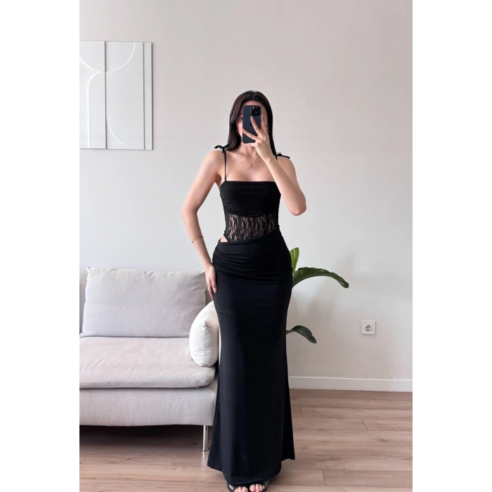 Güpür Korseli Maxi Elbise - SİYAH