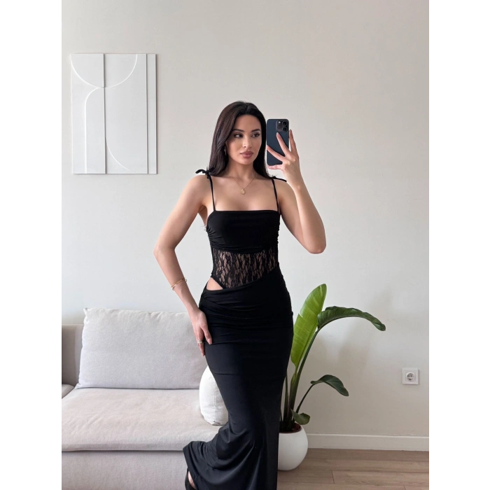 Güpür Korseli Maxi Elbise - SİYAH