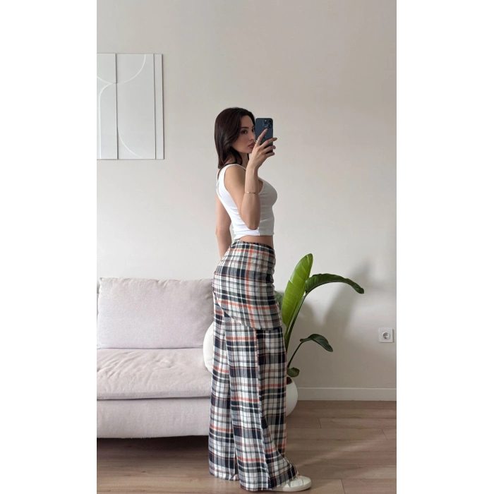 Bel Fular Ekose Pantolon - LACİVERT