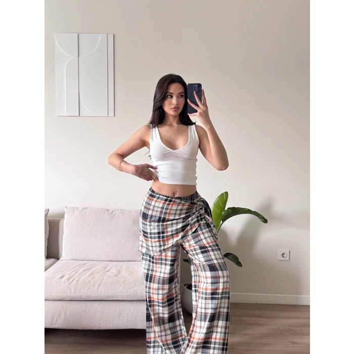 Bel Fular Ekose Pantolon - LACİVERT