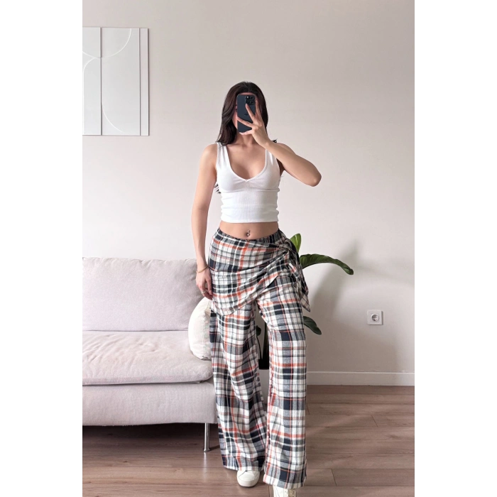 Bel Fular Ekose Pantolon - LACİVERT