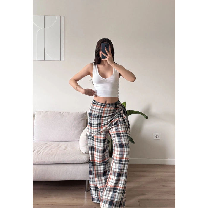 Bel Fular Ekose Pantolon - LACİVERT