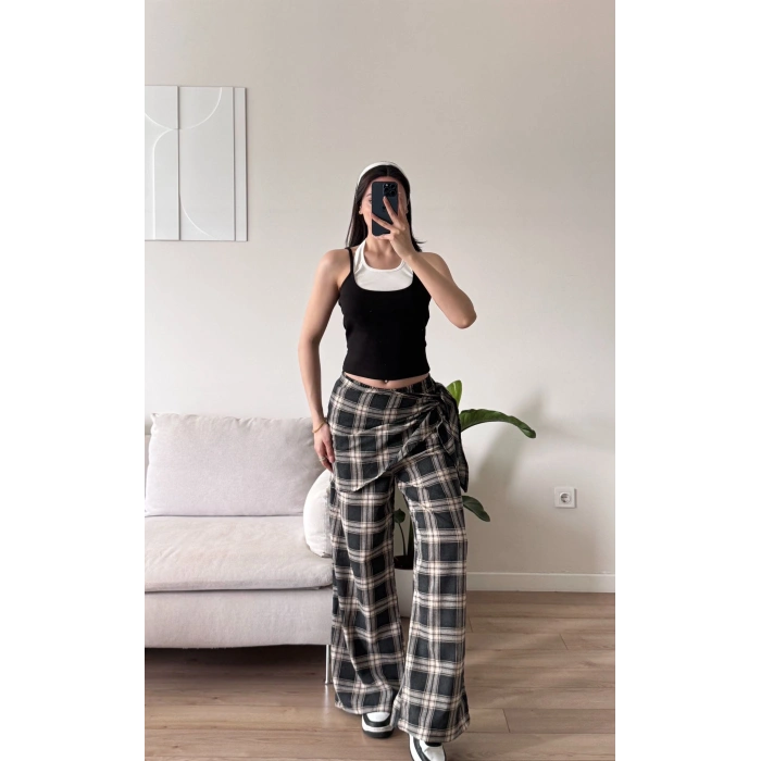 Bel Fular Ekose Pantolon - SİYAH