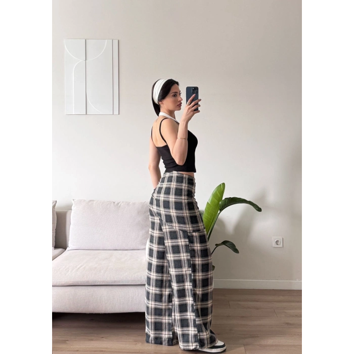 Bel Fular Ekose Pantolon - SİYAH