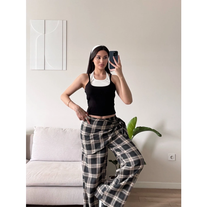 Bel Fular Ekose Pantolon - SİYAH