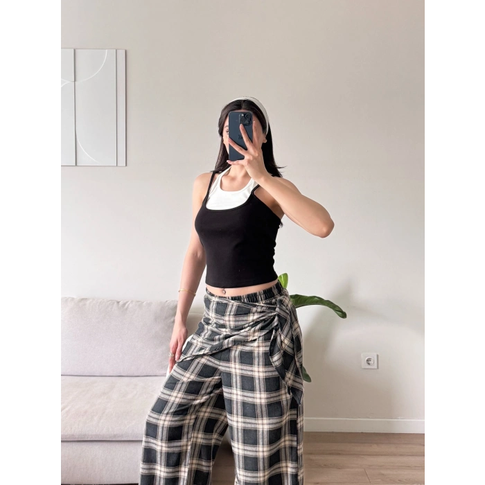 Bel Fular Ekose Pantolon - SİYAH