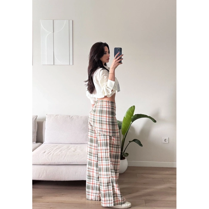 Bel Fular Ekose Pantolon - HAKİ