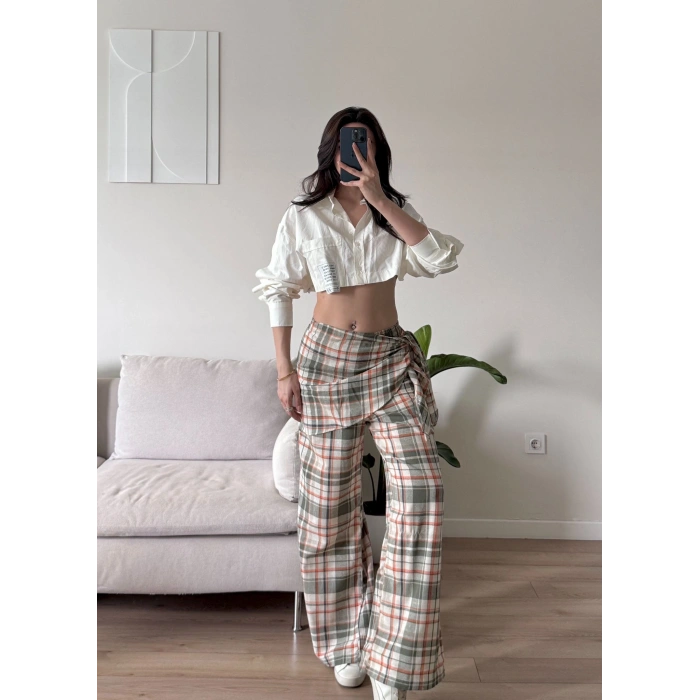 Bel Fular Ekose Pantolon - HAKİ