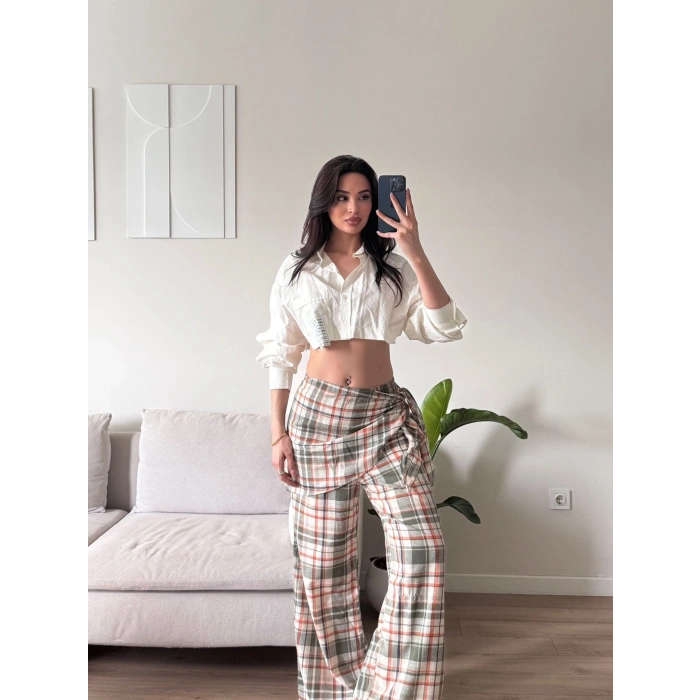 Bel Fular Ekose Pantolon - HAKİ
