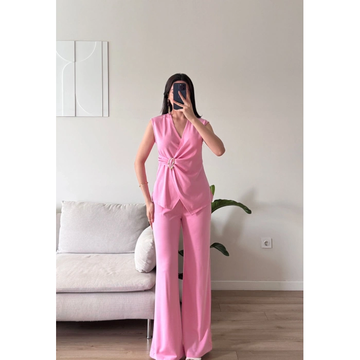 Kruvaze Tokalı Modal İkili Takım - PEMBE