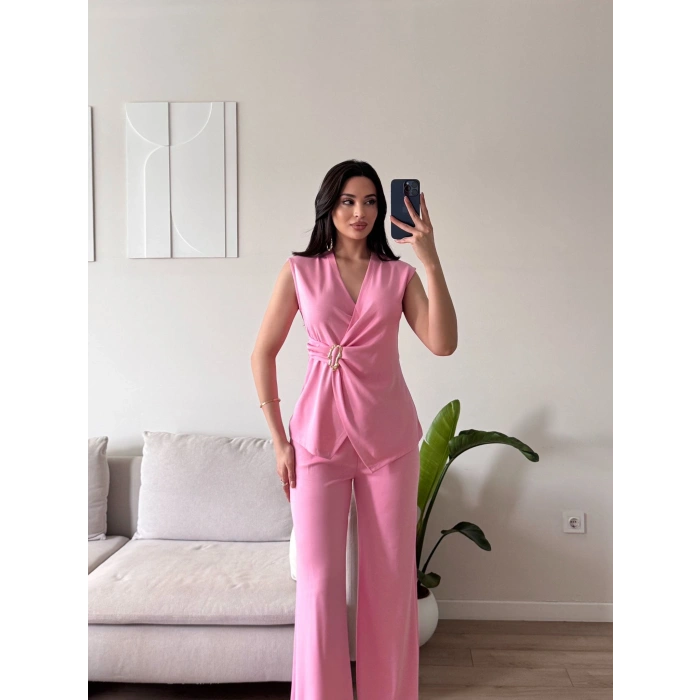 Kruvaze Tokalı Modal İkili Takım - PEMBE
