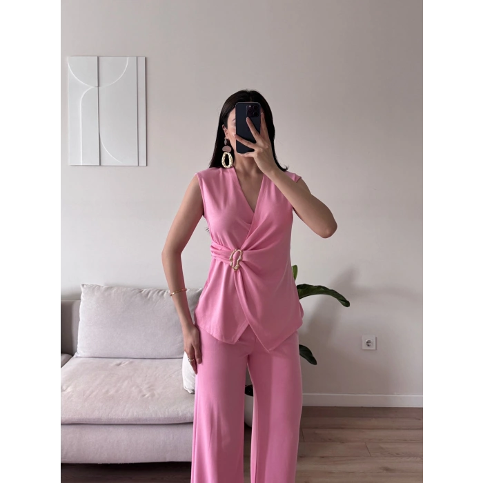 Kruvaze Tokalı Modal İkili Takım - PEMBE
