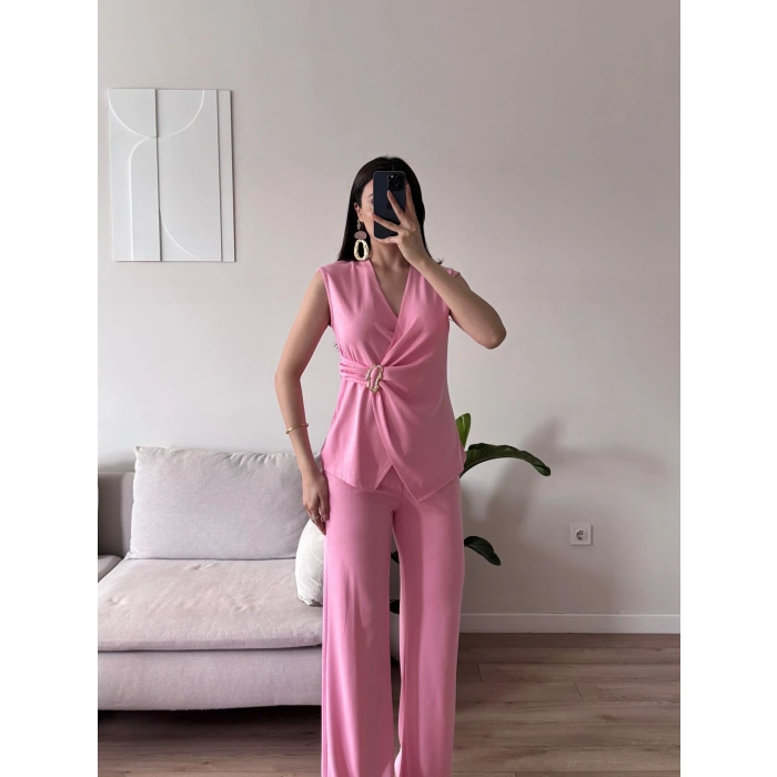 Kruvaze Tokalı Modal İkili Takım - PEMBE