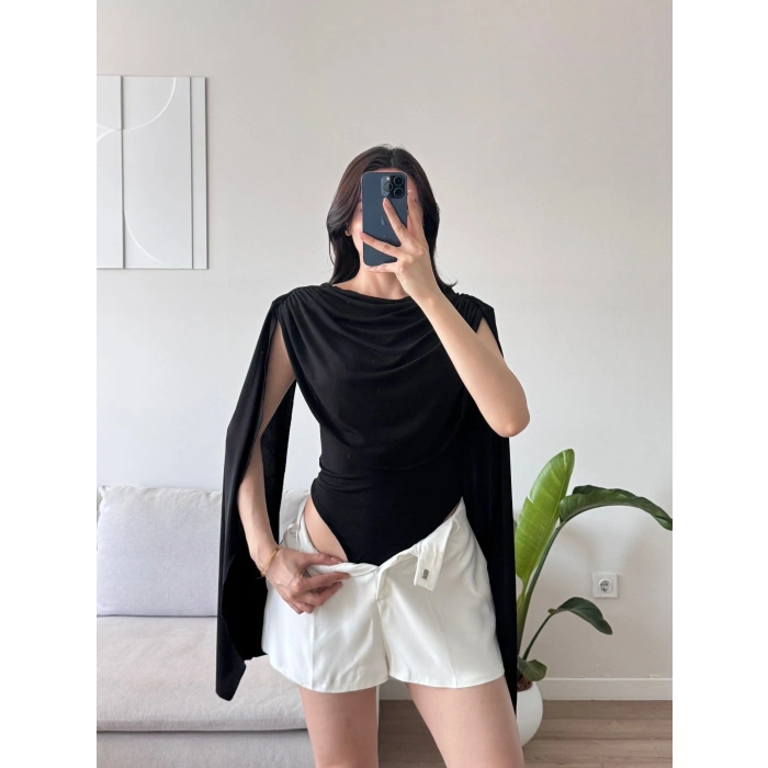 Drapeli Pelerin Bodysuit - SİYAH