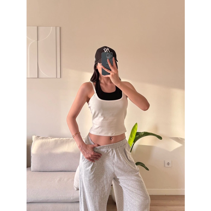 Boyun Geçmeli Parçalı Crop - BEYAZ
