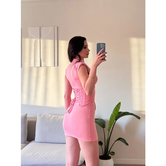 Vatkalı Bel Korse Elbise - PUDRA