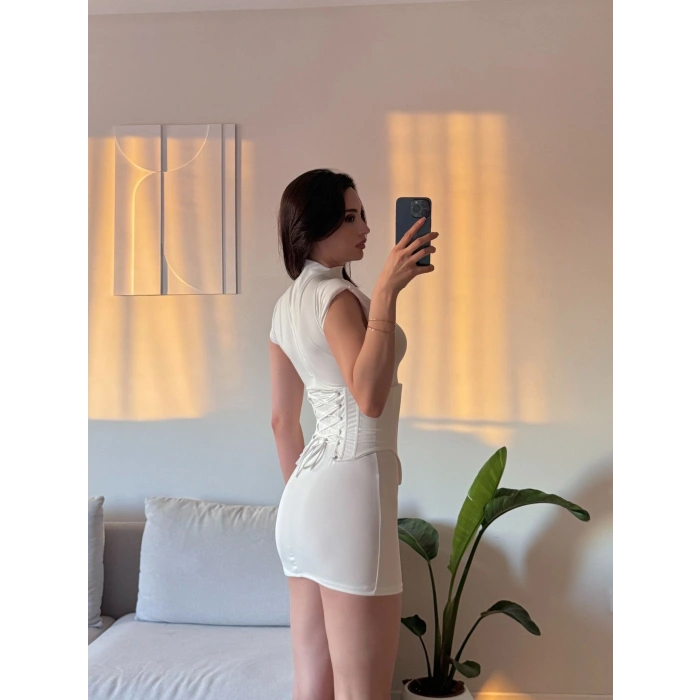 Vatkalı Bel Korse Elbise - BEYAZ