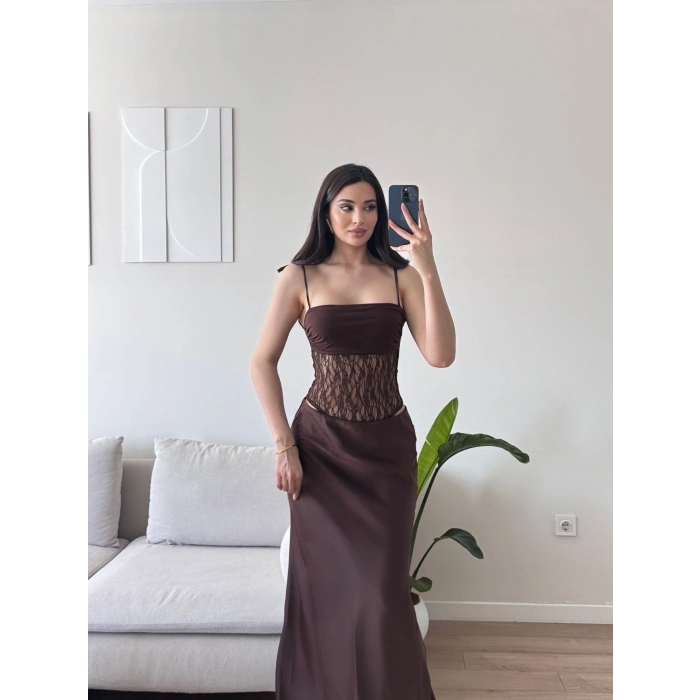 Askılı Güpürlü Bodysuit - KAHVE