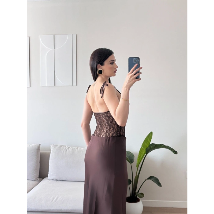 Askılı Güpürlü Bodysuit - KAHVE