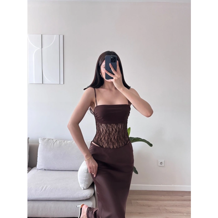 Askılı Güpürlü Bodysuit - KAHVE