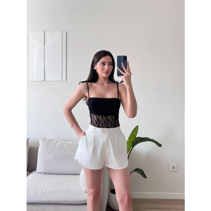 Askılı Güpürlü Bodysuit - SİYAH