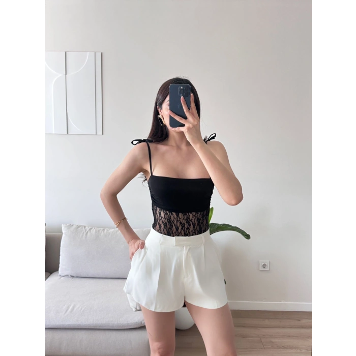 Askılı Güpürlü Bodysuit - SİYAH