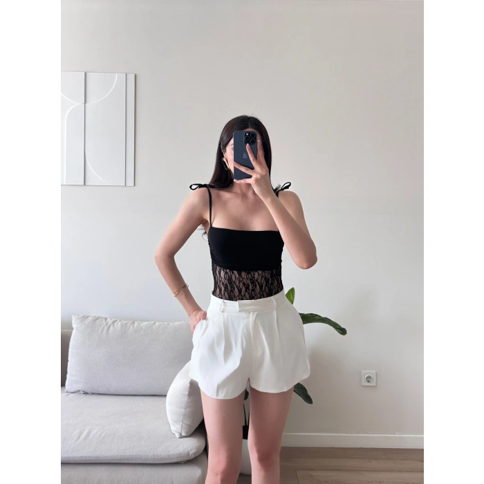 Askılı Güpürlü Bodysuit - SİYAH