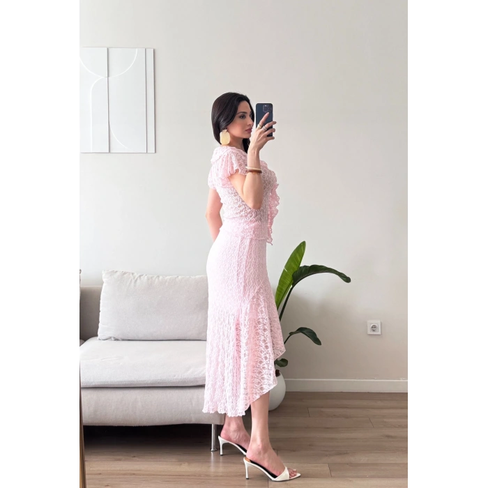 Volanlı Dantel İkili Takım - PEMBE