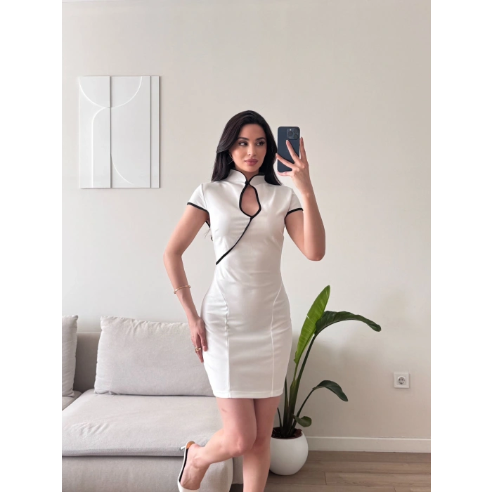 Göğüs Dekolte Premium Elbise - BEYAZ