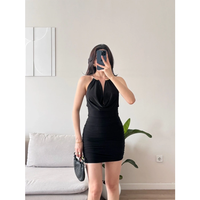 Boyun Aksesuar Degaje Mini Elbise - SİYAH