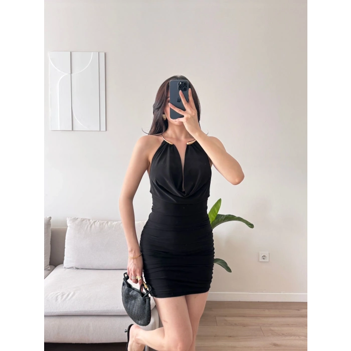 Boyun Aksesuar Degaje Mini Elbise - SİYAH