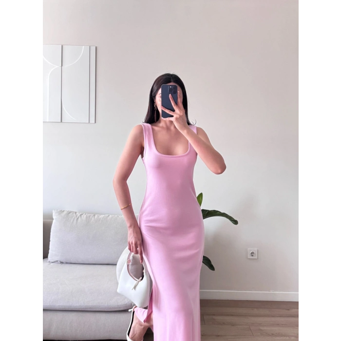 Çift Yırtmaçlı Kare Yaka Elbise - PEMBE