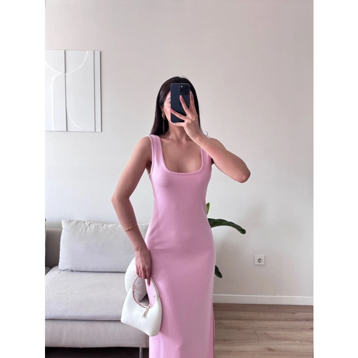 Çift Yırtmaçlı Kare Yaka Elbise - PEMBE