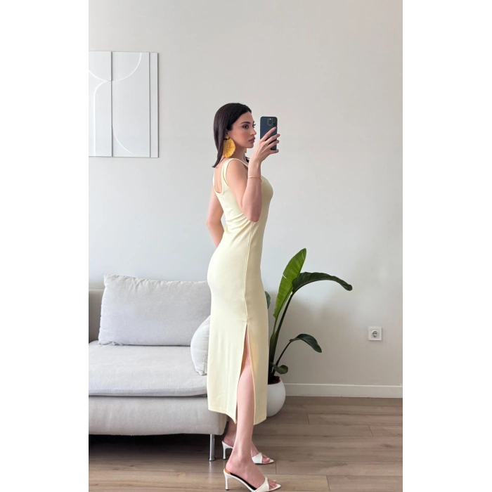 Çift Yırtmaçlı Kare Yaka Elbise - SARI