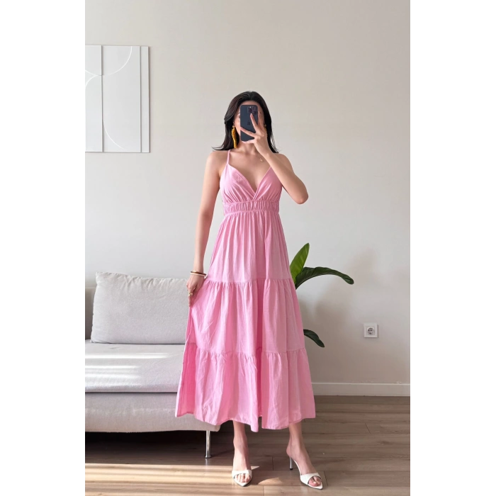 Sırt Çapraz Askılı Elbise - PEMBE