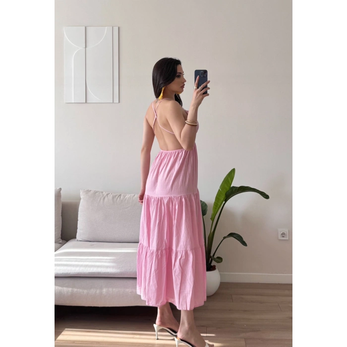 Sırt Çapraz Askılı Elbise - PEMBE