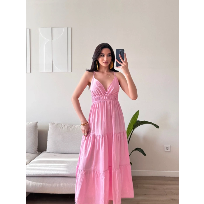 Sırt Çapraz Askılı Elbise - PEMBE