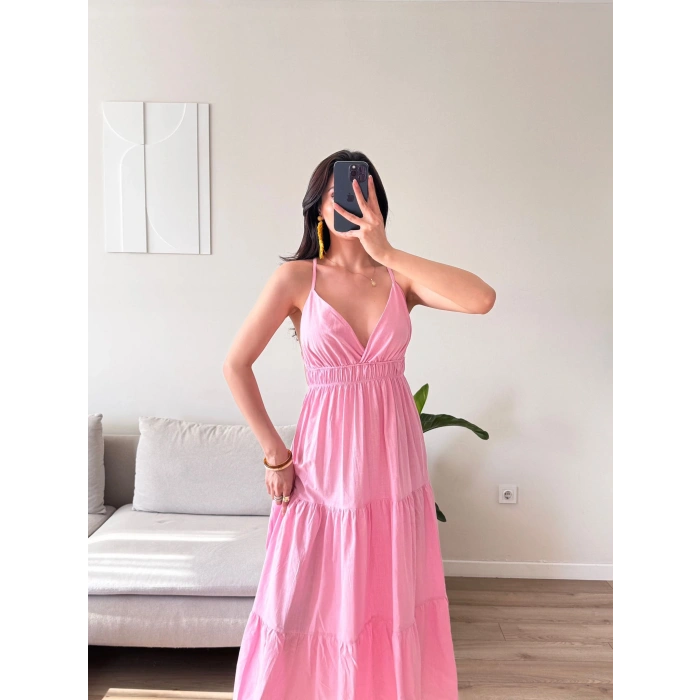 Sırt Çapraz Askılı Elbise - PEMBE