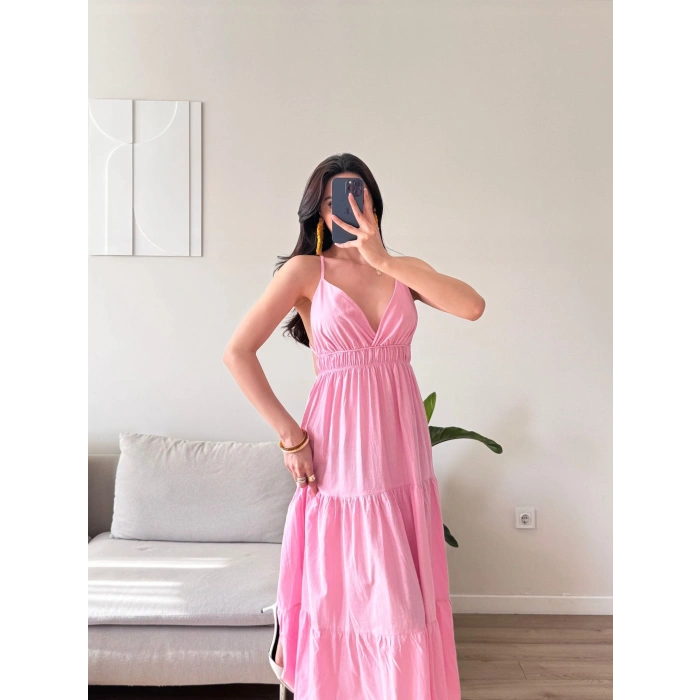 Sırt Çapraz Askılı Elbise - PEMBE