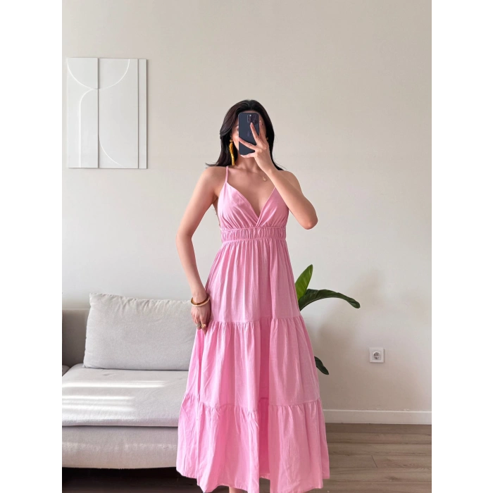 Sırt Çapraz Askılı Elbise - PEMBE