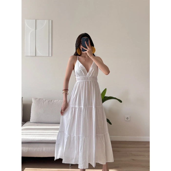 Sırt Çapraz Askılı Elbise - BEYAZ