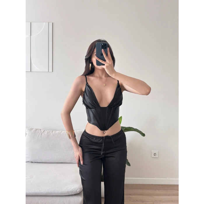 Saten Korse Büstiyer - SİYAH