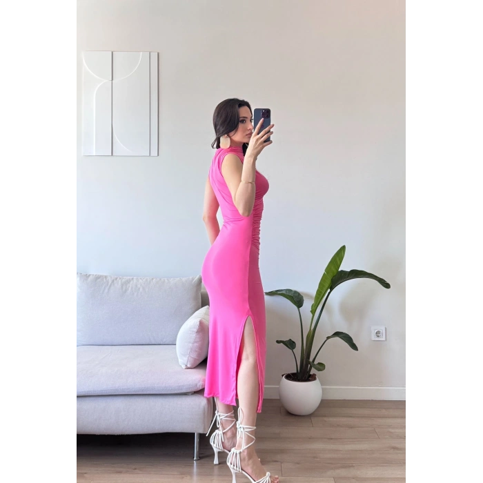 Yan Yırtmaç Drapeli Elbise - PEMBE