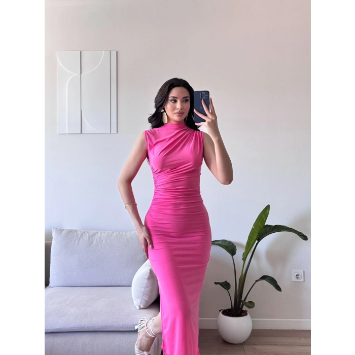 Yan Yırtmaç Drapeli Elbise - PEMBE