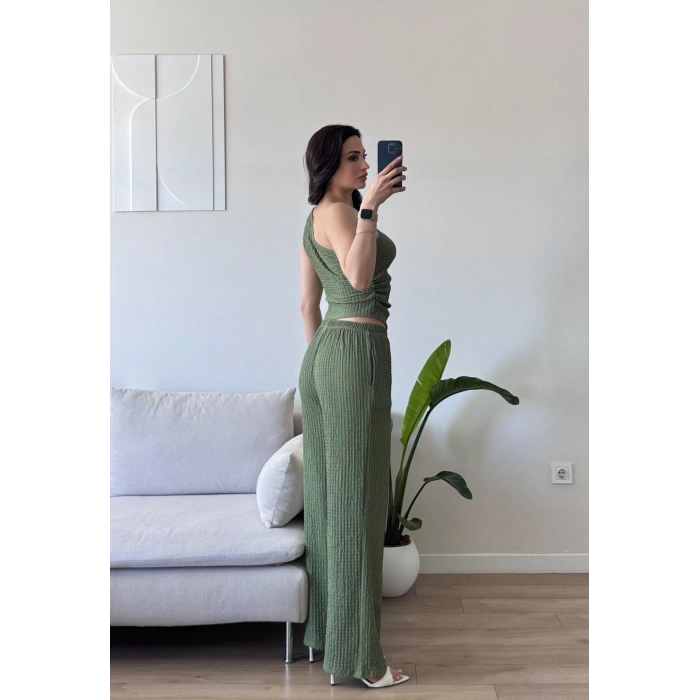 Tek Omuz Crop & Pantolon Takım - YEŞİL