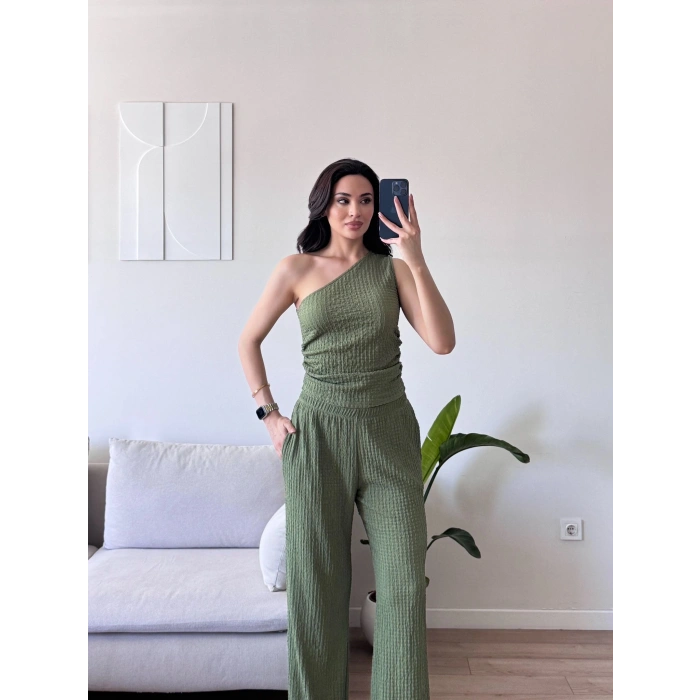 Tek Omuz Crop & Pantolon Takım - YEŞİL